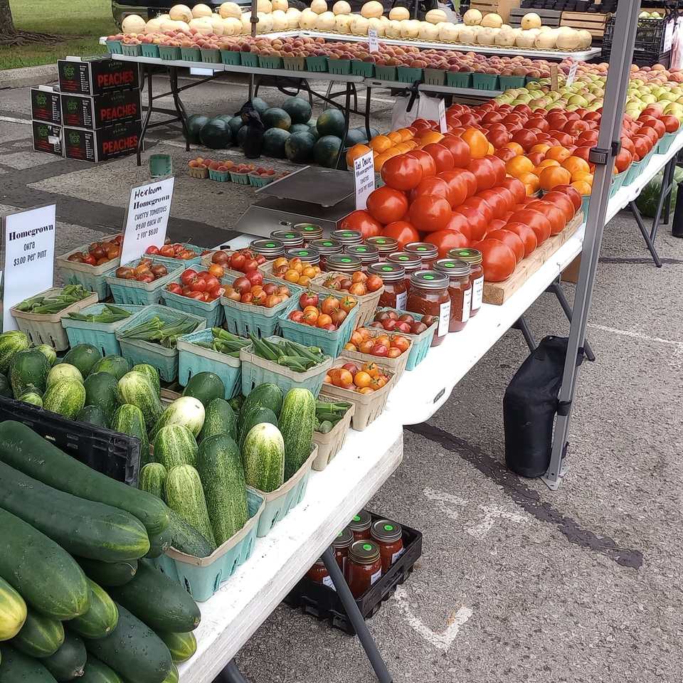Our market table loaded with tomatoes, cucumbers, peppers, and melons