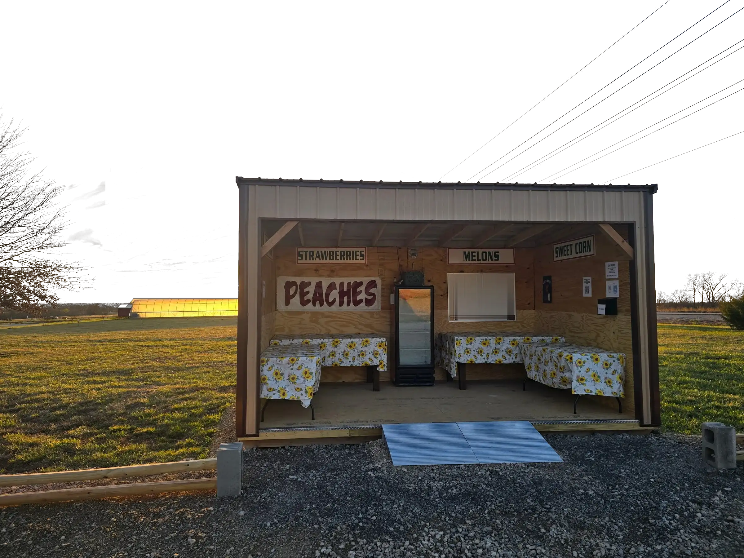 Our self-serve farm stand, with hand-painted produce signs, under the open Kansas sky
