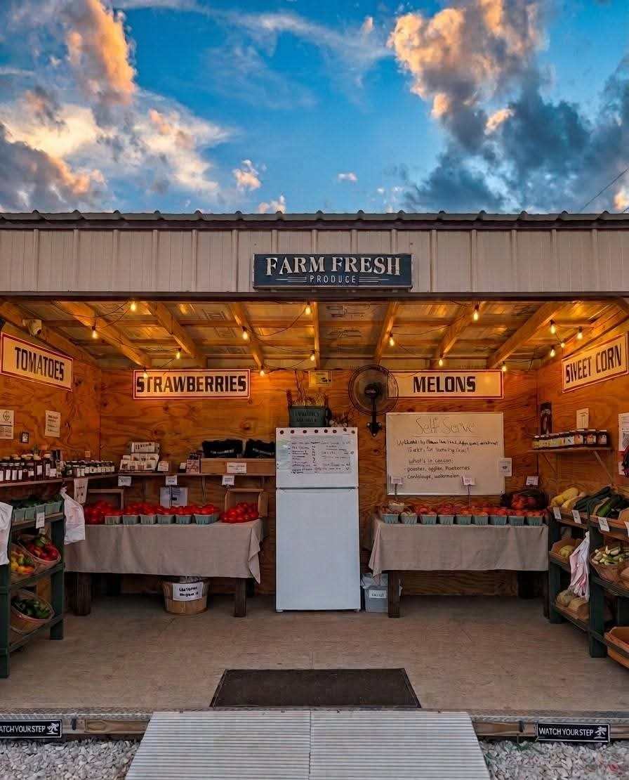 Our farm stand at golden hour, string lights on, tables full of tomatoes and peaches under the Farm Fresh Produce sign